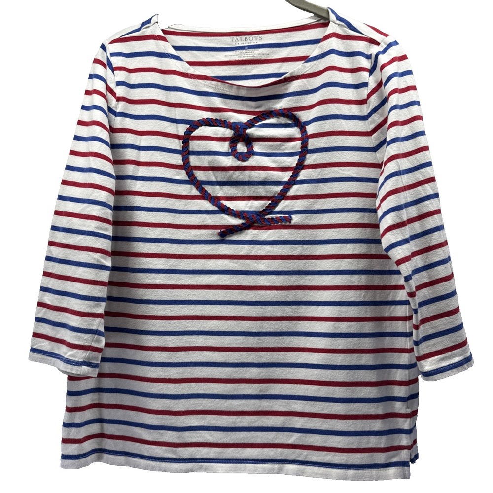 Talbots Women's Top Size Large Petite PL Heart Red White Blue Stripe 3/4 Sleeves